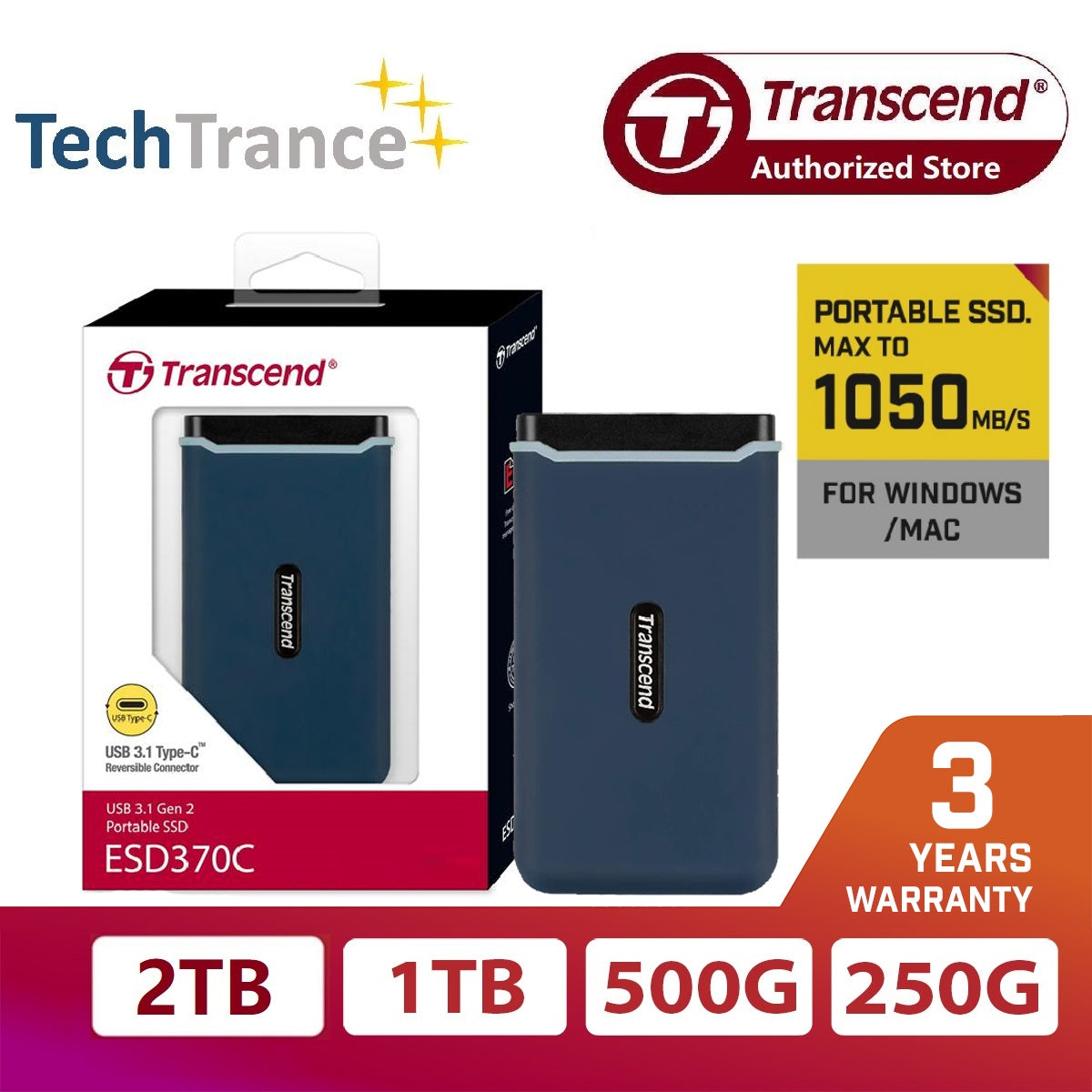 Transcend ESD370C USB 3.1 Gen2 Type-C Portable SSD Rugged