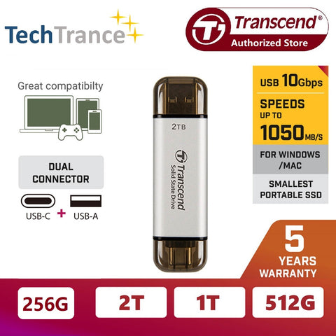 Transcend ESD310 Type C & USB A Portable SSD High Speed Data Transfer Flash Drive 256GB 512GB 1TB 2TB