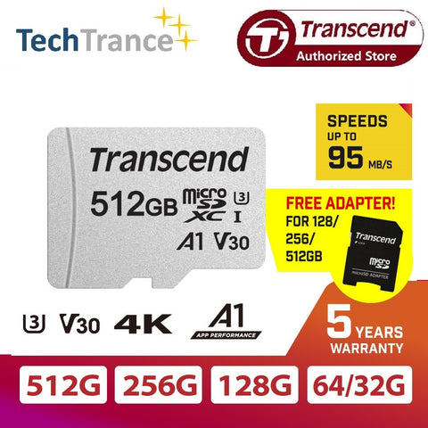 Transcend 16GB 32GB 64GB 128GB 256GB 512GB UHS-I U1 MicroSD Memory Card with Adapter USD300S