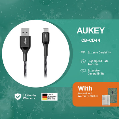 AUKEY CB-CD44 Impulse Braided AC Spiral Nylon Braided USB A to C Cable 2 Meters for Android Samsung