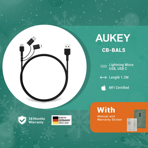 AUKEY CB-BAL5 3in1 Nylon USB Cable Micro Cable USB C Cable Apple Lightning Cable iPhone 12, Android