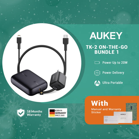 AUKEY TK-2 on-the-go Bundle 10000mah Powerbank, Lightning Cables, Wall Charger for Apple