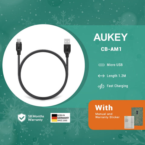 AUKEY CB-AM1 Impulse Braided AM 1.2m Nylon Braided USB-A to Micro-USB Cable for Samsung Realme Oppo